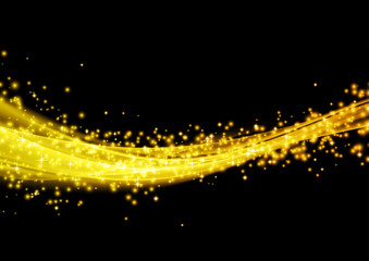 Wall Mural - Bright golden futuristic abstract shine design wave element over black background