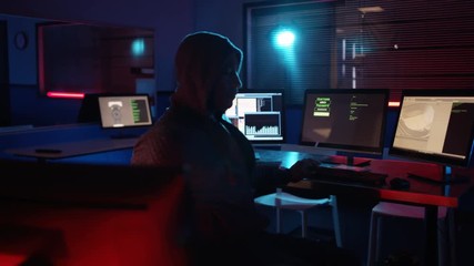  Computer hacker surrounded by screens tries to gain access to computer system