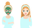 Girl applies cosmetic mask on her face. Skin problems solution.Vector illustration