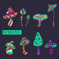 Set of stylized mushrooms in acid colours