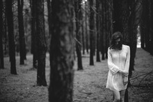 Girl In White Dress In Pine Forest