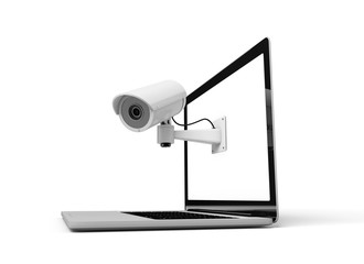 Poster - Online security. Laptop with CCTV security cameras. 3D Rendering