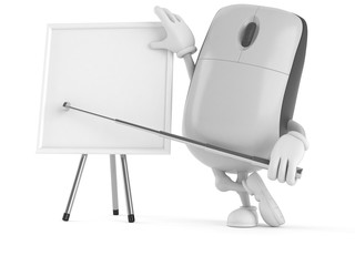 Wall Mural - Computer mouse character with blank whiteboard