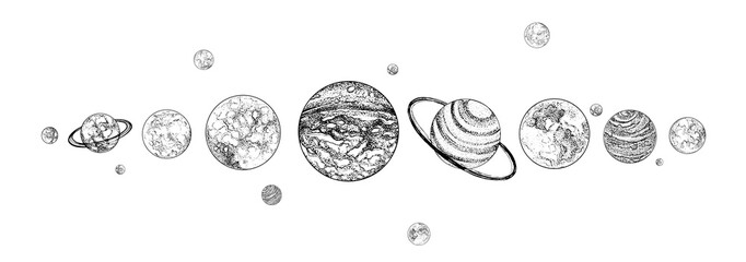 planets lined up in row. solar system drawn in monochrome colors. gravitationally bound celestial bo