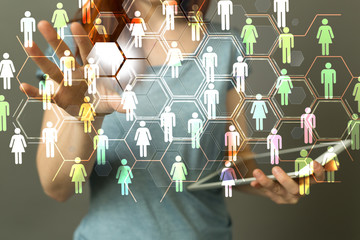 Aufkleber -  hand of businessman and social network on tech 