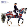 Equestrian sport. Horsewoman jockey in uniform riding horse outdoors. Dressage. Isolated on white background. Jockey on horse. Bay horse. United Kingdom flag. Vector illustration.
