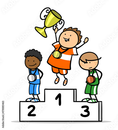 Sieger Kinder auf Siegertreppe bei Siegerehrung Stock-Illustration
