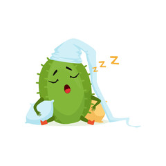 Wall Mural - Cute cactus in white hat sleeping and snoring, funny plant character cartoon vector Illustration