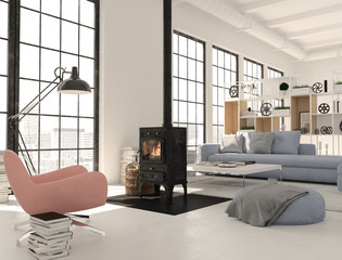 Wall Mural - 3d rendering. living room with cast iron fireplace in modern loft apartment.