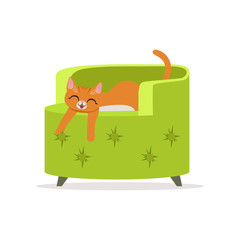 Sticker - Funny red cat sleeping on a green armchair, home pet resting vector Illustration