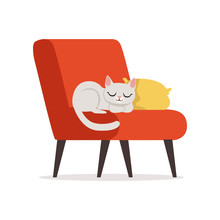 Lovely White Cat Sleeping On A Pillow On A Red Retro Armchair, Home Pet Resting Vector Illustration