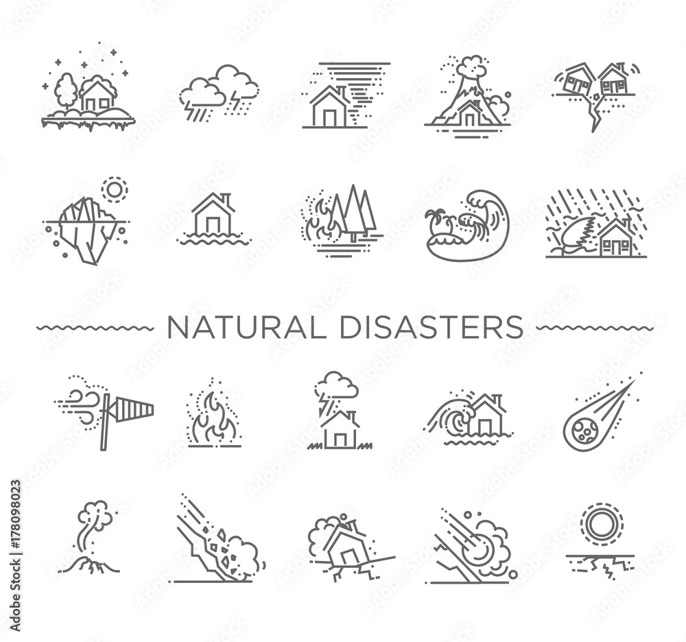 Natural Disaster, Vector illustration of thin line icons Stock Vector ...