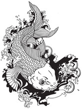 Japanese Carp Koi Gold Fish Swimming In A Pond With Feng Shui Money Coins . Tattoo Style Black And White Vector Illustration 