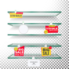 Wall Mural - Empty Supermarket Shelves, Wobblers Vector. Price Tag Labels. Selling Card. Discount Sticker. Sale Banners. Isolated Illustration