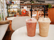 Cappucino Frappe and Frappuccino on white table at coffee shop