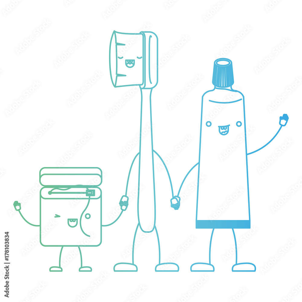 dental floss and toothbrush and toothpaste in cartoon holding hands in ...