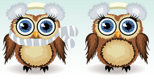 Two Little Cute Owls In Fluffy, Soft Headphones From The Cold And Scarf