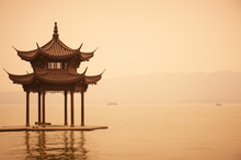 Chinese Traditional Wooden Gazebo On The Coast Of West Lake, Public Park In Hangzhou City, China