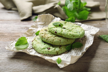 Wall Mural - Mint chocolate chip cookies on wooden table