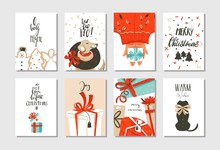 Hand Drawn Vector Abstract Fun Merry Christmas Time Cartoon Cards Collection Set With Cute Illustrations,surprise Gift Boxes,dogs And Handwritten Modern Calligraphy Text Isolated On White Background