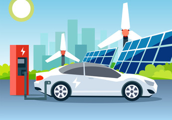 Flat vector of a white electric car charging at station in front of wind turbines and solar panels.