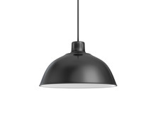 3d Rendering Of A Single Dark Lamp Fixture With A Wide Industrial Metal Design On A White Background.