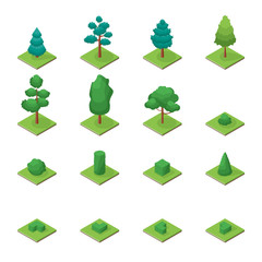 Wall Mural - Green Trees Park Objects Set Icons 3d Isometric View. Vector