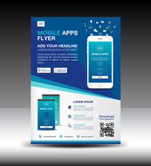 Mobile Apps Flyer template. Business brochure flyer design layout. smartphone icons mockup. application presentation. Magazine ads. Blue cover. poster. leaflet. infographics. advertisement. in A4 size