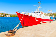 Red Fishing Boat Anchoring In Rogoznica Port On Sunny Summer Day, Dalmatia, Croatia