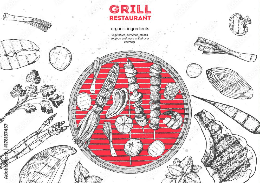 Grilled meat and vegetables top view frame. Vector illustration ...