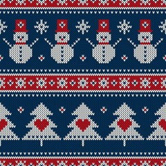 Wall Mural - Winter Holiday Seamless Knitted Pattern with a Christmas Symbols: Snowman, Snowflake and Christmas Tree. Wool Knitting Sweater Design