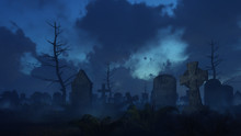Abandoned Spooky Cemetery With Old Celtic Cross Gravestone And Fern Thicket On Foreground At Dark Misty Night. Halloween Horror 3D Illustration.