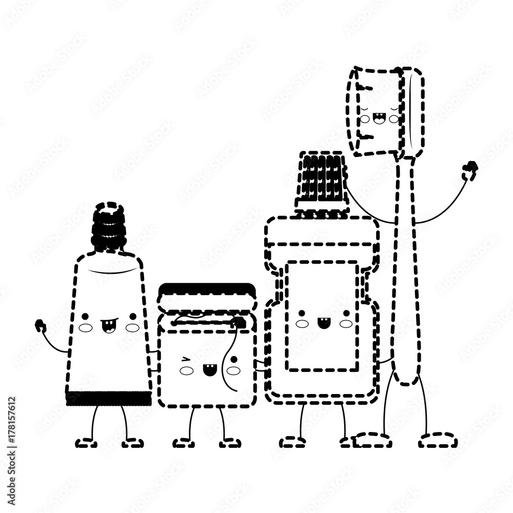 toothpaste and dental floss and mouthwash and toothbrush in cartoon ...