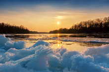 Ice On The River Drava In Cold Winter Sunset