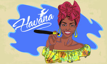 Cuban Woman Face. Cartoon Vector Illustration For Music Poster. Cuba Girl With Floral Decor And Cigar. Caribbean Ethnic Caricature Grotesque Poster