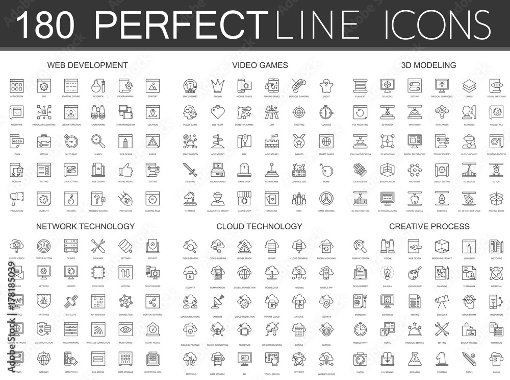 180 modern thin line icons set of web development, video games, 3d modeling, network technology, cloud data technology, creative process. - obrazy, fototapety, plakaty 