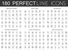 180 Modern Thin Line Icons Set Of Web Development, Video Games, 3d Modeling, Network Technology, Cloud Data Technology, Creative Process.