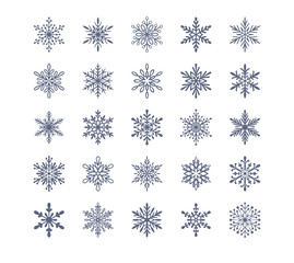 Cute snowflakes collection isolated on white background. Flat snow icons, snow flakes silhouette. Nice element for christmas banner, cards. New year ornament. Organic and geometric snowflake set.