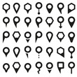 Vector black map pointer icons set on white background. Collection of 45 icons