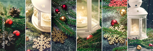 Plakat Kolaż dekoracje świąteczne latarnia, świeca i płatki śniegu