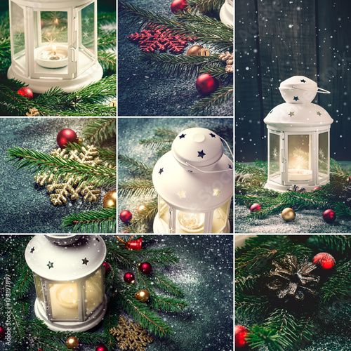 Plakat Kolaż dekoracje świąteczne latarnia, świeca i płatki śniegu