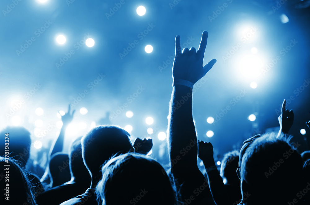 Silhouettes of people in a bright in the pop rock concert in front of ...