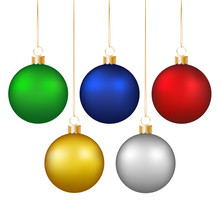 Set Of Realistic Shiny Colorful Hanging Christmas Baubles Isolated On White Background
