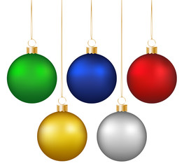 Wall Mural - Set of realistic shiny colorful hanging christmas baubles isolated on white background