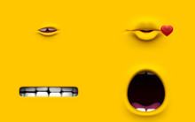 Set Mouth Of Character On A Yellow Background. Mimicry Face Of A Cartoon Little Man. 3d Render.