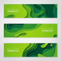 Wall Mural - horizontal banners set, green paper cut shapes.