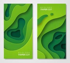Wall Mural - vertical banners set, green paper cut shapes