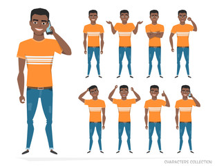 Set of emotions and gestures to the young black african american man.