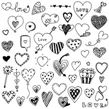 Collection Set Of Hand Drawn Cute Heart Doodle Valentine's Elements, Shape Of Love Heart Design Vector Illustration