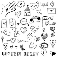 Wall Mural - Broken heart and love heart doodle vector set